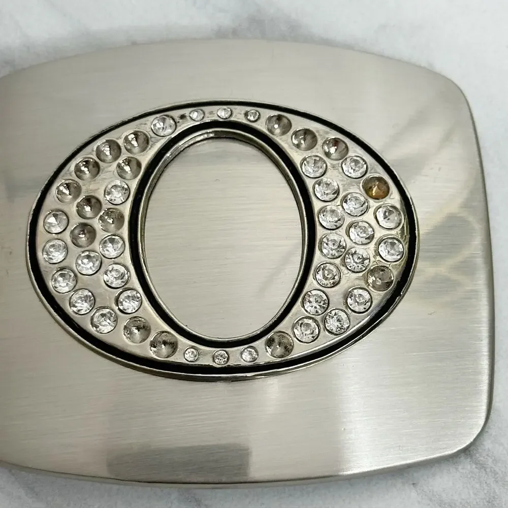 Rhinestone Studded O Letter Initial Monogram Silver Tone Belt Buckle